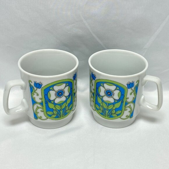MCM Floral 60's Coffee Mugs Retro 8 oz Cups Japan Set of 2 - Picture 10 of 13